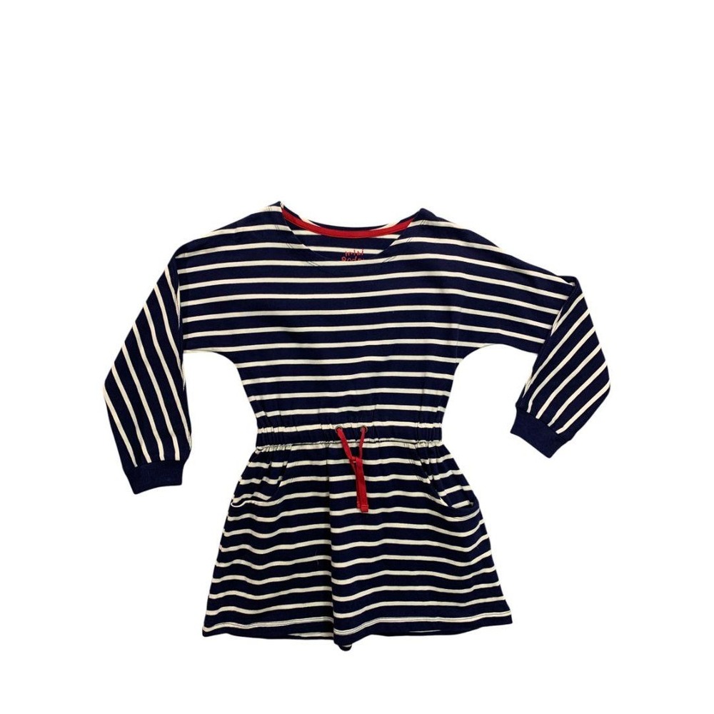 7-8 Years Mini Boden Girls Striped Navy Blue Knit Dress Red Drawstring Waist